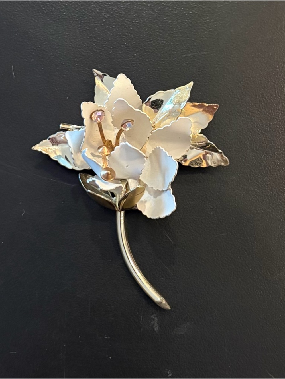 Vintage PAKULA White Enamel Floral Brooch with Gold Tones